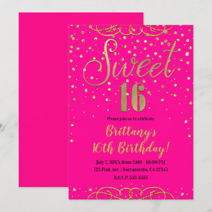 Heiß Rosa und Gold Glitter Moderne Sweet 16 Party Einladung