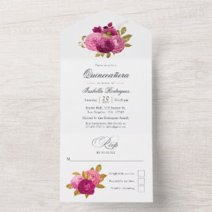 Heiß rosa und goldene, florale Quinceñera All In One Einladung