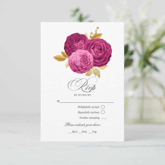 Heiß rosa und goldene, florale Quinceñera RSVP Karte (Stehend Vorderseite)
