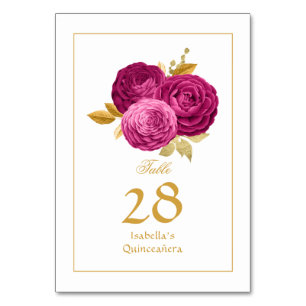Heiß rosa und goldene, florale Quinceñera Tischnummer