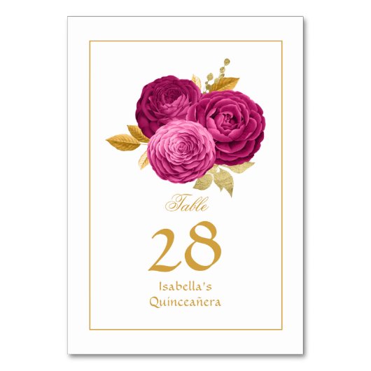 Heiß rosa und goldene, florale Quinceñera Tischnummer (Vorderseite)