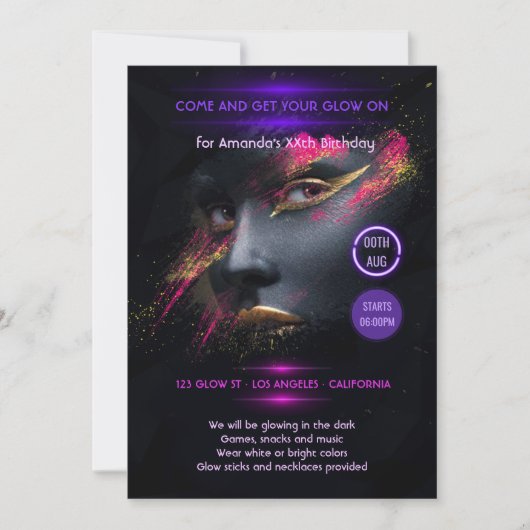 Heiß rosa und goldenes Glühen im dunklen Neon-Part Einladung (Vorderseite)