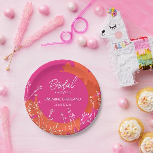 Heiß rosa und orangefarbene Wiesen-Brautpartys Pappteller (Party)