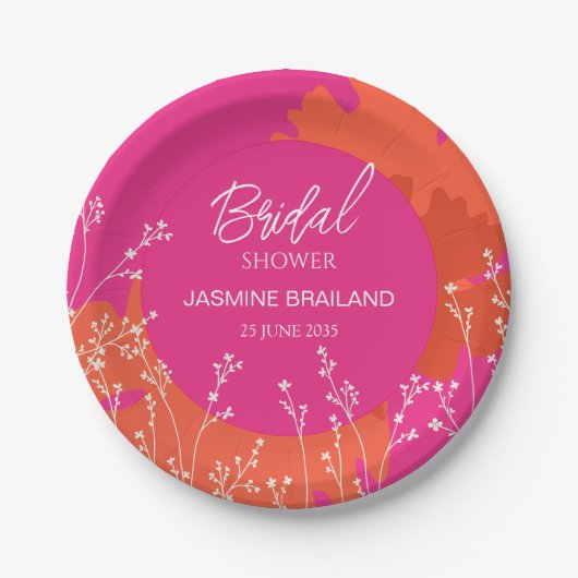 Heiß rosa und orangefarbene Wiesen-Brautpartys Pappteller (Vorderseite)