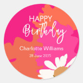 Heiß rosa und orangefarbenes Blütenfrass Geburtsta Runder Aufkleber (Vorderseite)