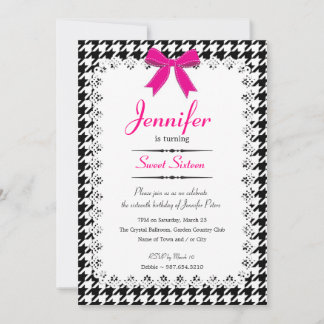 Heiß Rosa und Schwarz Weiß Houndstooth Sweet 16 Einladung