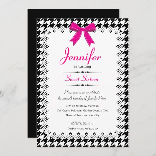 Heiß rosa und Schwarz-weißes Hahnentrittmuster Swe Einladung (Vorne/Hinten)
