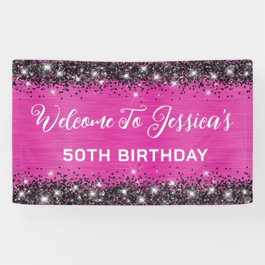 Heiß rosa und schwarzer Glitzer 50. Geburtstag Banner (Horizontal)