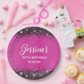 Heiß rosa und schwarzer Glitzer 50. Geburtstag Pappteller (Party)