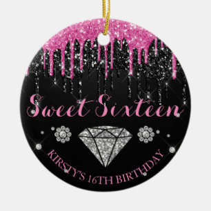 Heiß Rosa und Silber Glitter Drip Diamant Sweet 16 Keramik Ornament