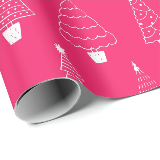 Heiß rosa Weißes Weihnachtsbaummuster Geschenkpapier (Rolleneckpunkt)