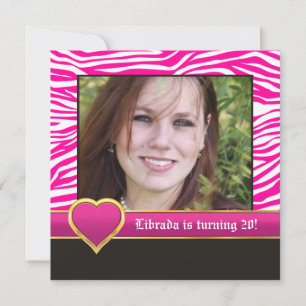 Heiß rosa, weißes Zebra & Herz 20. Geburtstags-Fot Einladung