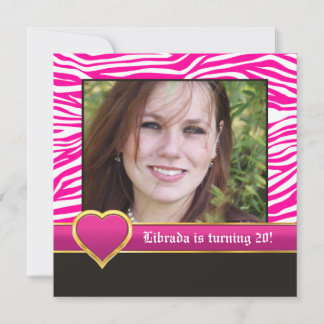 Heiß rosa, weißes Zebra & Herz 20. Geburtstags-Fot Einladung