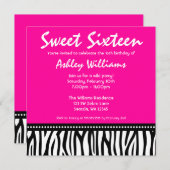 Heiß rosa Zebra Süß 16 Einladung (Vorne/Hinten)