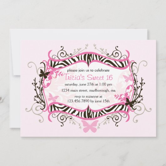 Heiß rosa Zebra Süß 16 Einladung (Vorderseite)