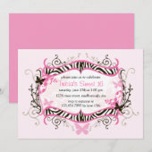 Heiß rosa Zebra Süß 16 Einladung (Vorne/Hinten)