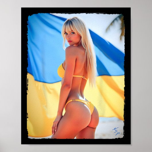 Heiße Bybe - Schönes Bikini-Mädchen mit Ukraine-Fl Poster (Vorne)