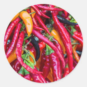 Heiße Chili Paprika auf dem Bauernmarkt in Madison Runder Aufkleber