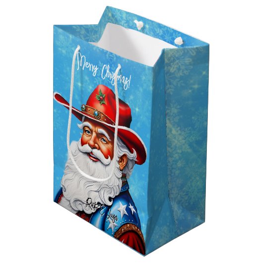Heiße den Weihnachtsmann in einem Western Weihnach Mittlere Geschenktüte (Vorderseite Schrägansicht)