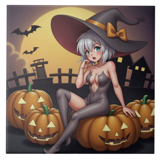 Heiße Hexe im Halloween-Kürbis-Patch Fliese (Vorderseite)