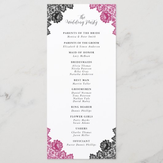 Heiße Pink- und Schwarz-Blütenhochzeit Programm (Rückseite)