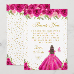 Heiße pinkbraune Haarprinzessin Sweet Sixteen Dankeskarte