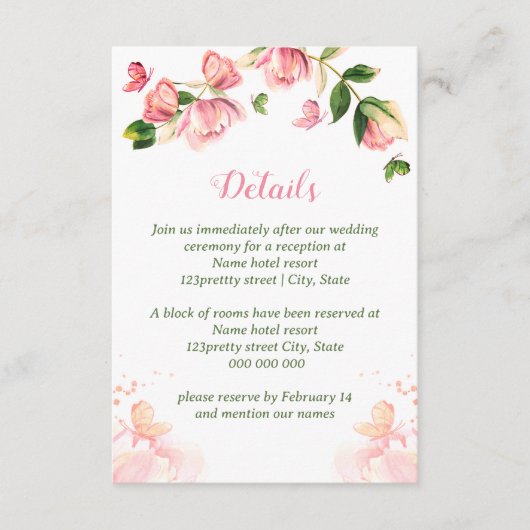 Heiße rosa Blume grüne Blätter Schmetterlinge Hoch Begleitkarte (Vorderseite)