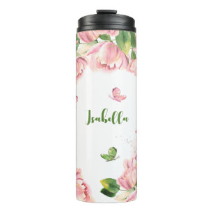 heiße rosa Blumen Grün Schmetterlinge Thermosbecher