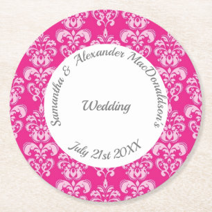Heiße rosa Damastenhochzeit Runder Pappuntersetzer