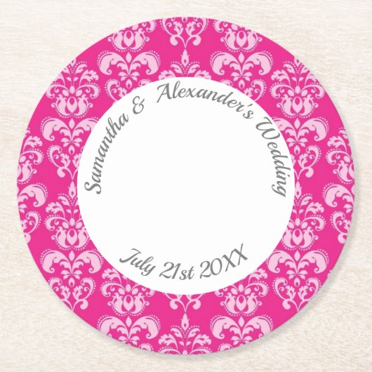 Heiße rosa Damastenhochzeit Runder Pappuntersetzer (Vorderseite)