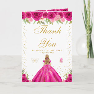 Heiße rosa florale blonde Haar Mädchen Geburtstag Dankeskarte