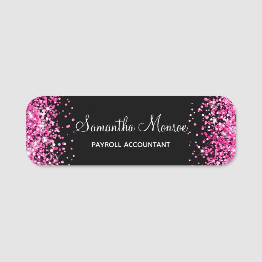Heiße rosa Glitter und Schwarz Namensschild (Vorderseite)