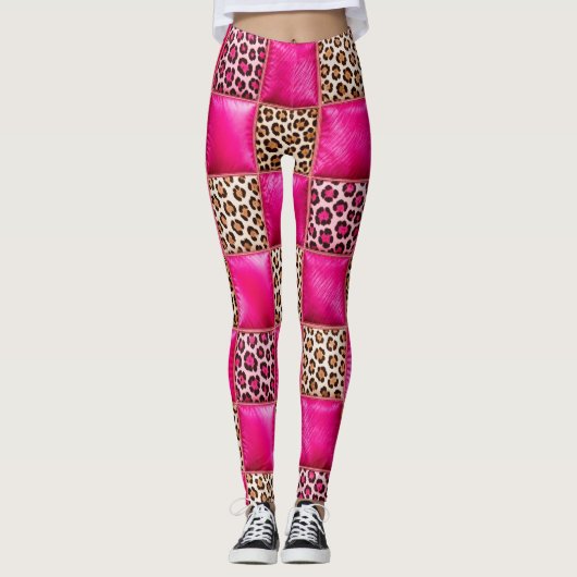 Heiße Rosa Leopardenprint-Patchwork-Leggings Leggings (Vorderseite)