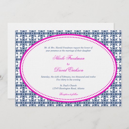 Heiße rosa, ovale, beattelte Hochzeit Einladung (Vorne/Hinten)