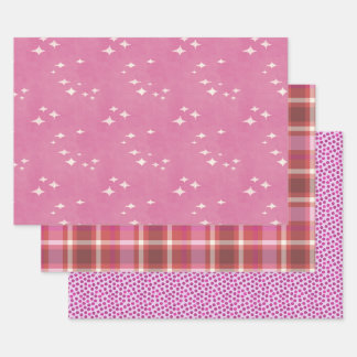 Heiße rosa Punkte, Sterne und kariert Geschenkpapier Set