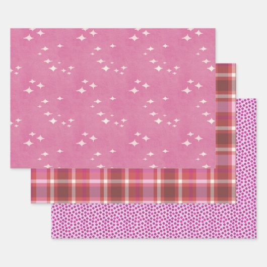 Heiße rosa Punkte, Sterne und kariert Geschenkpapier Set (Set)