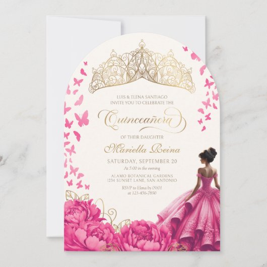 Heiße rosa Schmetterlinge Floral Tiara Quinceanera Einladung (Vorderseite)