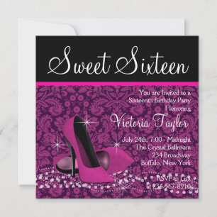 Heiße rosa schwarze Damast-High-Heels Sweet 16 Par Einladung