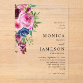 Heiße rosa und blaue Blütenhochzeit 3 Acryleinladungen (Vorderseite)