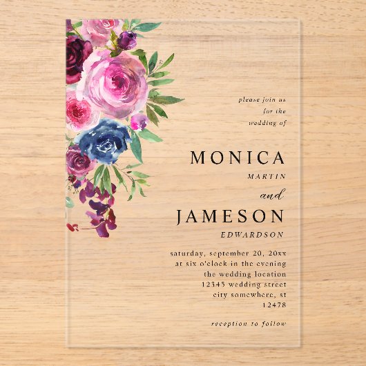 Heiße rosa und blaue Blütenhochzeit 3 Acryleinladungen (Vorderseite)