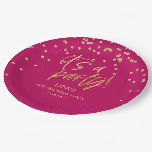 Heiße Rosa und goldene Geburt Pappteller (Schrägansicht)