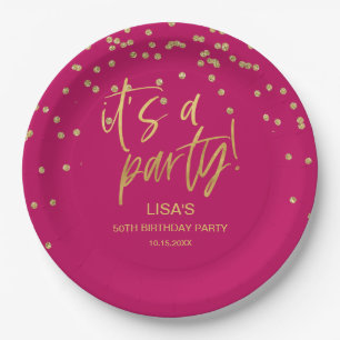 Heiße Rosa und goldene Geburt Pappteller