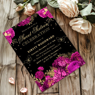 Heiße rosa und goldene Rosen Floral Sweet Sixteen Einladung