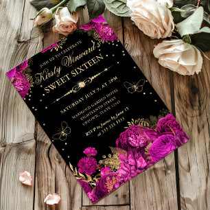 Heiße rosa und goldene Rosen Floral Sweet Sixteen Einladung