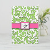 Heiße Rosa und grüne Damast Hochzeitsfeiern Einladung (Stehend Vorderseite)