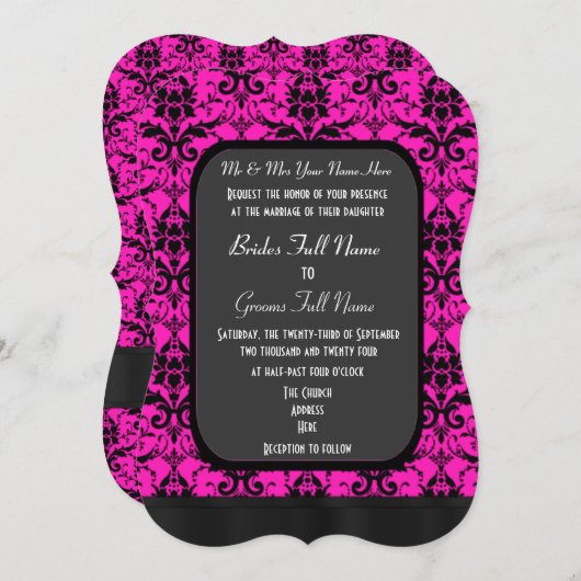 Heiße rosa und schwarze Damast Einladung (Vorne/Hinten)