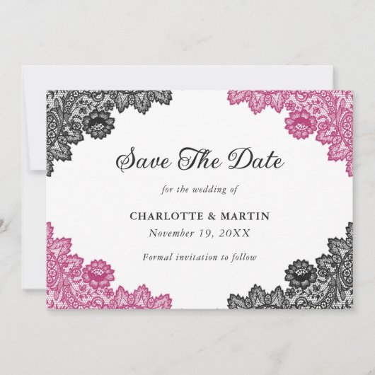 Heiße rosa und schwarze Rustikale Blumenzange Save The Date (Vorderseite)