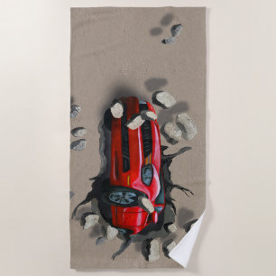 Heiße rote Autos stürzen durch die Wand Strandtuch
