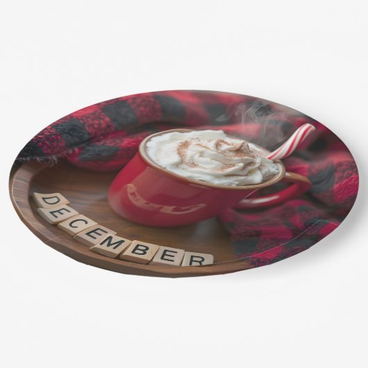 Heiße Schokolade im Dezember mit Kariertem Decken Pappteller (Schrägansicht)