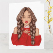 Heiße Schokolade im Winter im Roten Pullover trink Karte (Gelbe Blume)